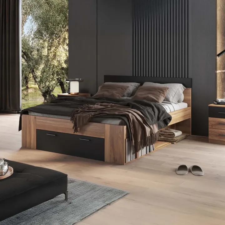 Letto matrimoniale standard 160x200cm con cassettone rovere nero Yve