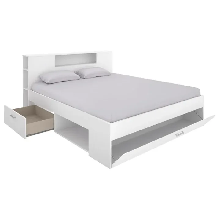 Letto matrimoniale 160x200cm con cassettoni e libreria bianco opaco Nolito