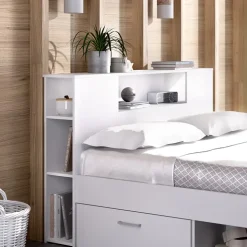 Letto matrimoniale 160x200cm con cassettoni e libreria bianco opaco Nolito