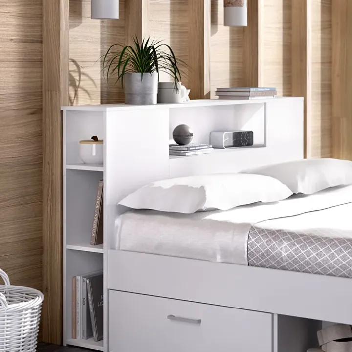 Letto matrimoniale 160x200cm con cassettoni e libreria bianco opaco Nolito