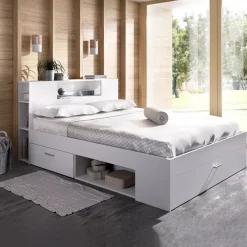 Letto matrimoniale 160x200cm con cassettoni e libreria bianco opaco Nolito