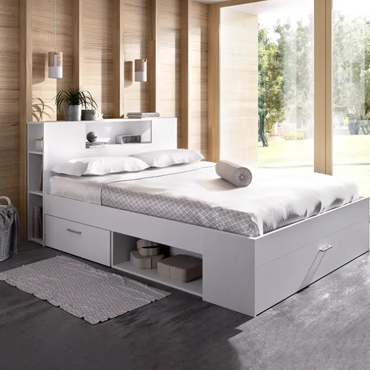 Letto matrimoniale 160x200cm con cassettoni e libreria bianco opaco Nolito