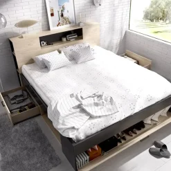 Letto matrimoniale 160x200cm con cassettoni e libreria rovere antracite Nolito