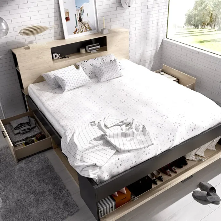 Letto matrimoniale 160x200cm con cassettoni e libreria rovere antracite Nolito