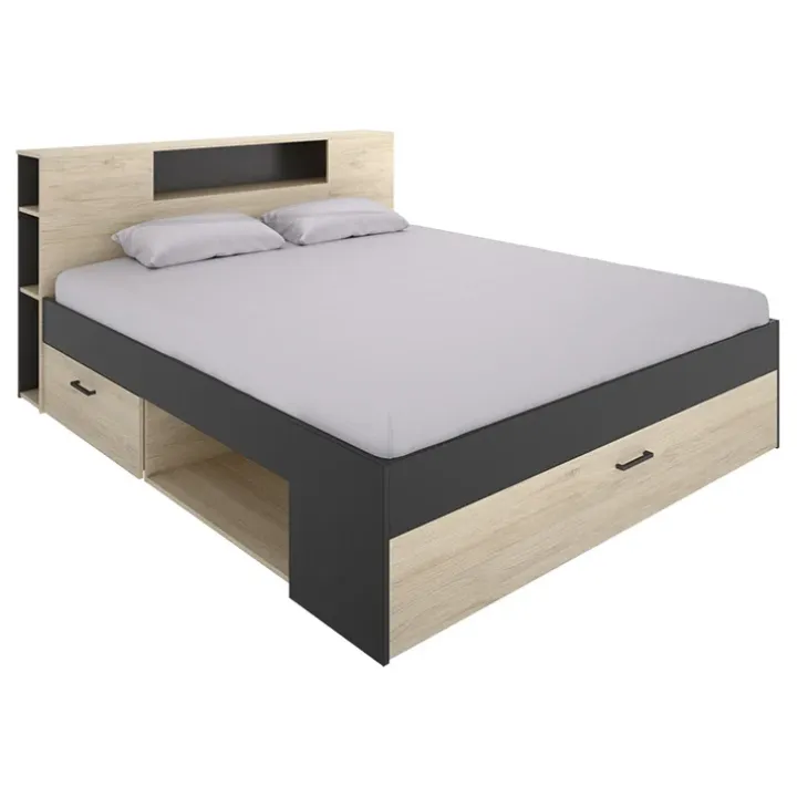 Letto matrimoniale 160x200cm con cassettoni e libreria rovere antracite Nolito