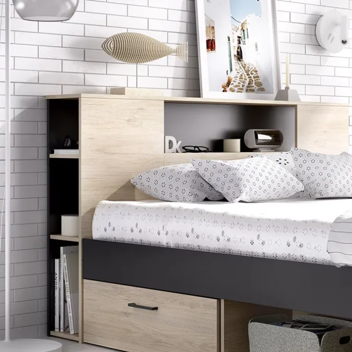 Letto matrimoniale 160x200cm con cassettoni e libreria rovere antracite Nolito