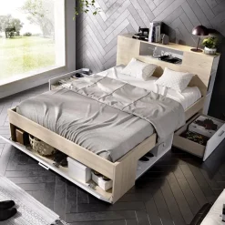 Letto matrimoniale 160x200cm con cassettoni e libreria rovere bianco Nolito