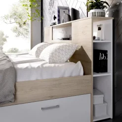 Letto matrimoniale 160x200cm con cassettoni e libreria rovere bianco Nolito