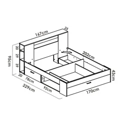 Letto matrimoniale 160x200cm con cassettoni e libreria rovere bianco Nolito