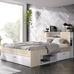 Letto matrimoniale 160x200cm con cassettoni e libreria rovere bianco Nolito