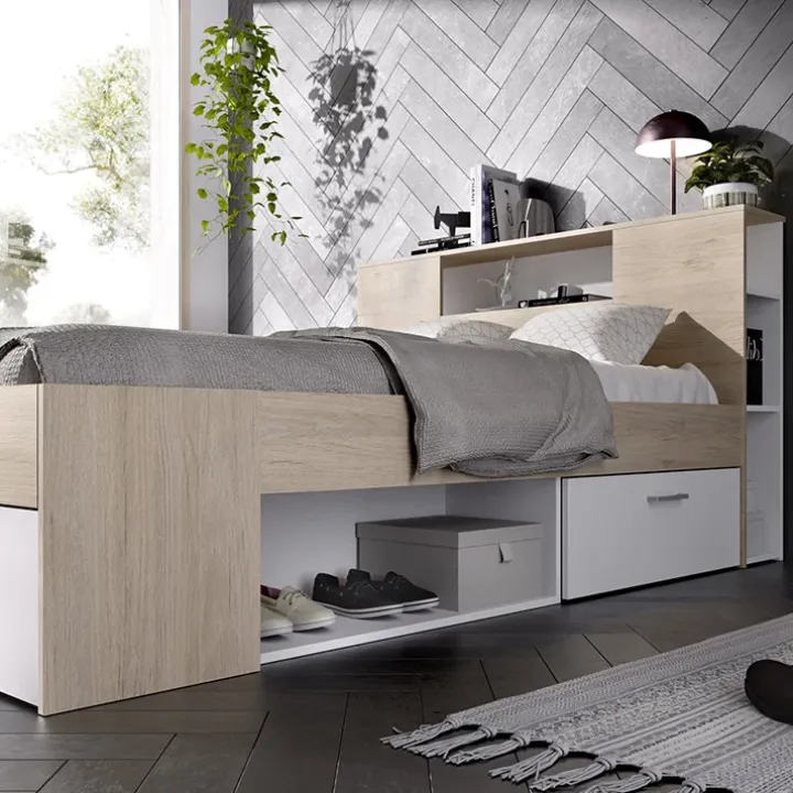 Letto matrimoniale 160x200cm con cassettoni e libreria rovere bianco Nolito