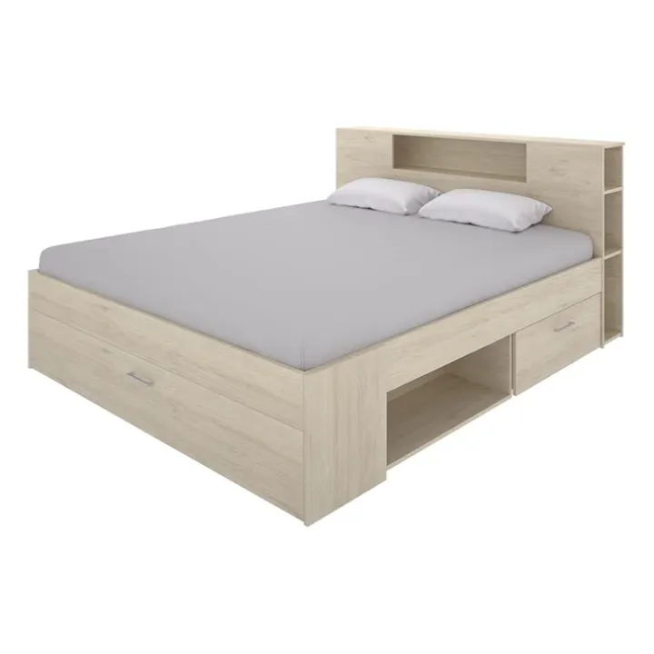 Letto matrimoniale 160x200cm con cassettoni e libreria rovere Nolito