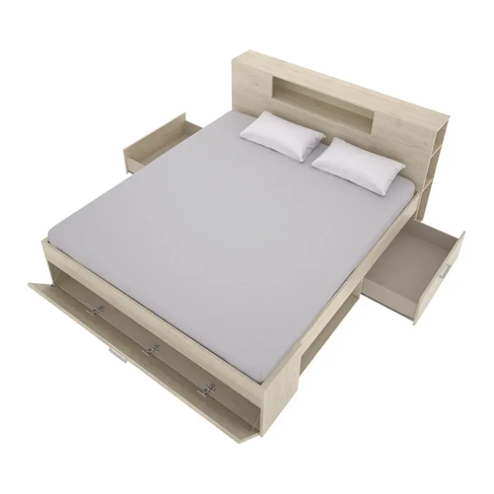Letto matrimoniale 160x200cm con cassettoni e libreria rovere Nolito