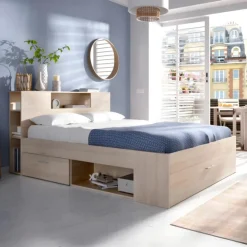 Letto matrimoniale 160x200cm con cassettoni e libreria rovere Nolito