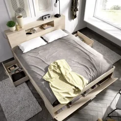 Letto matrimoniale 160x200cm con cassettoni e libreria rovere Nolito