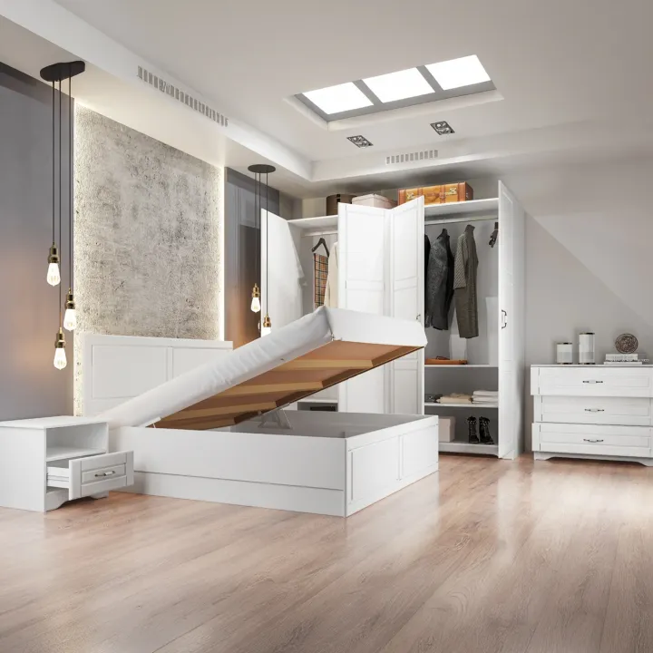 Letto matrimoniale 160x200cm con 2 comodini stile classico bianco Friuli