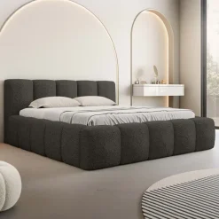 Letto matrimoniale 160x200cm con rete contenitore imbottito tessuto bouclé nero Aluna