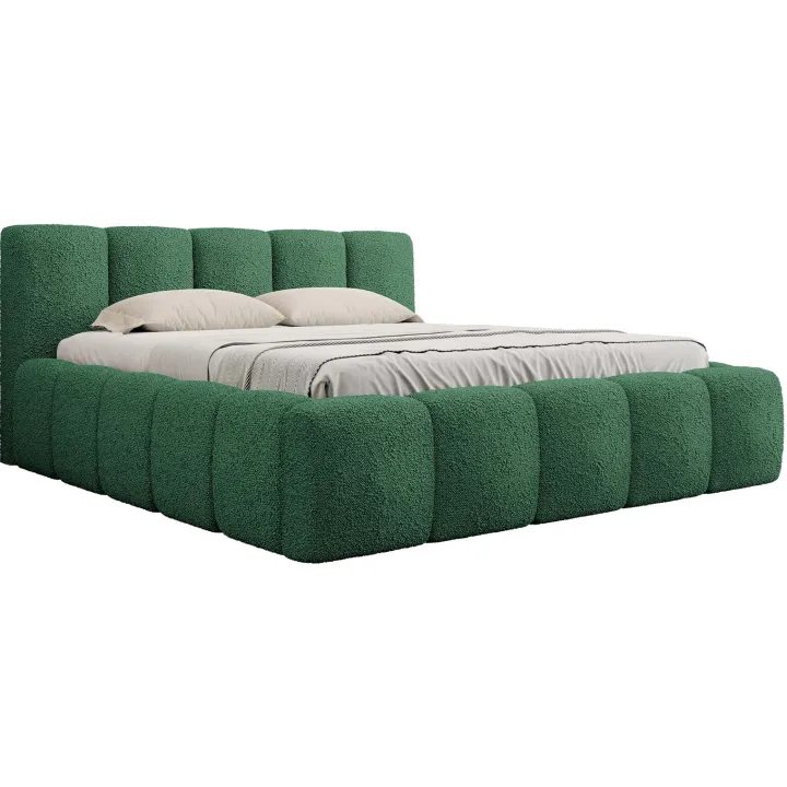 Letto matrimoniale 160x200cm con rete contenitore imbottito tessuto bouclé verde Aluna