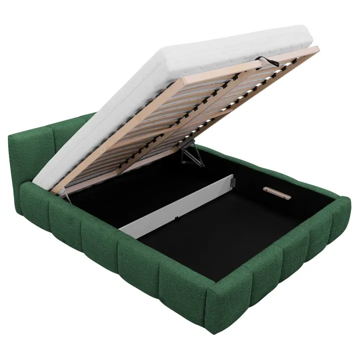 Letto matrimoniale 160x200cm con rete contenitore imbottito tessuto bouclé verde Aluna