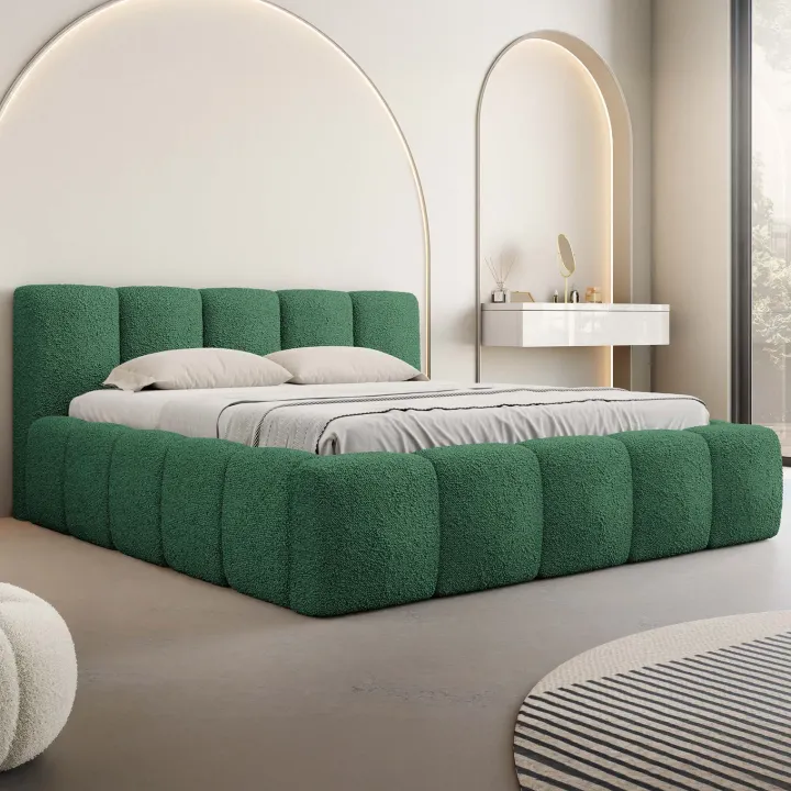 Letto matrimoniale 160x200cm con rete contenitore imbottito tessuto bouclé verde Aluna