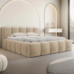 Letto matrimoniale 160x200cm con rete contenitore imbottito beige scuro Aluna