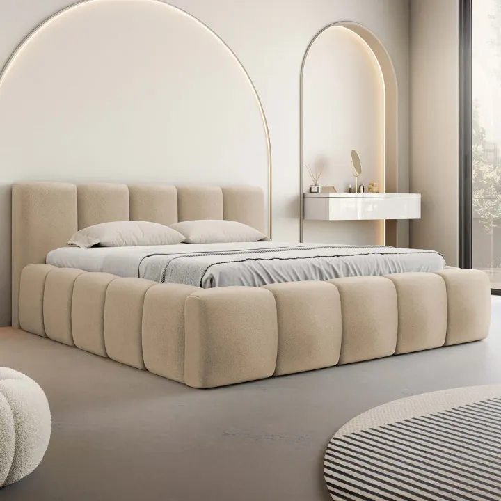 Letto matrimoniale 160x200cm con rete contenitore imbottito beige scuro Aluna