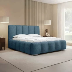 Letto matrimoniale 160x200 cm con rete contenitore imbottito tessuto bouclé blu Cometa