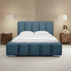 Letto matrimoniale 160x200 cm con rete contenitore imbottito tessuto bouclé blu Cometa