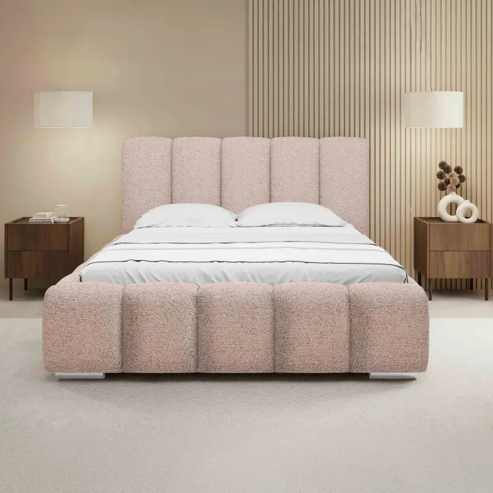 Letto matrimoniale 160x200 cm con rete contenitore imbottito tessuto bouclé rosa Cometa