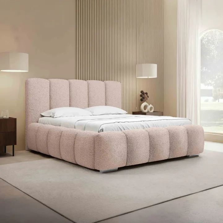 Letto matrimoniale 160x200 cm con rete contenitore imbottito tessuto bouclé rosa Cometa