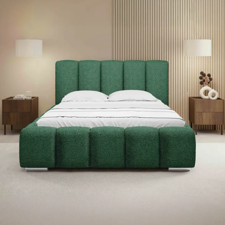 Letto matrimoniale 160x200 cm con rete contenitore imbottito tessuto bouclé verde Cometa