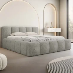 Letto matrimoniale 160x200cm con rete contenitore imbottito tessuto bouclé grigio Aluna