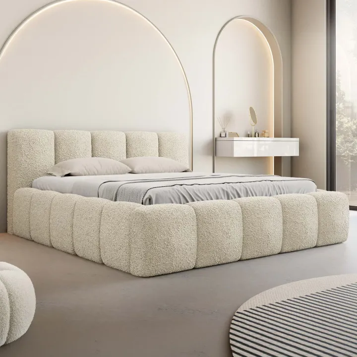 Letto matrimoniale 160x200cm con rete contenitore imbottito tessuto bouclé beige Aluna