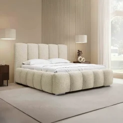 Letto matrimoniale 160x200 cm con rete contenitore imbottito tessuto bouclé beige Cometa