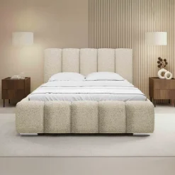 Letto matrimoniale 160x200 cm con rete contenitore imbottito tessuto bouclé beige Cometa