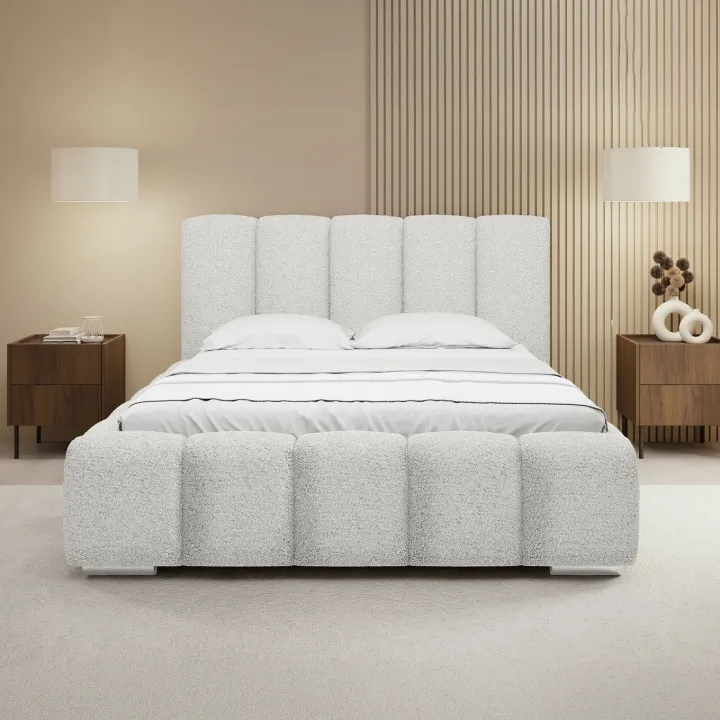 Letto matrimoniale 160x200 cm con rete contenitore imbottito tessuto bouclé bianco Cometa