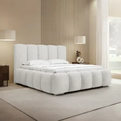 Letto matrimoniale 160x200 cm con rete contenitore imbottito tessuto bouclé bianco Cometa