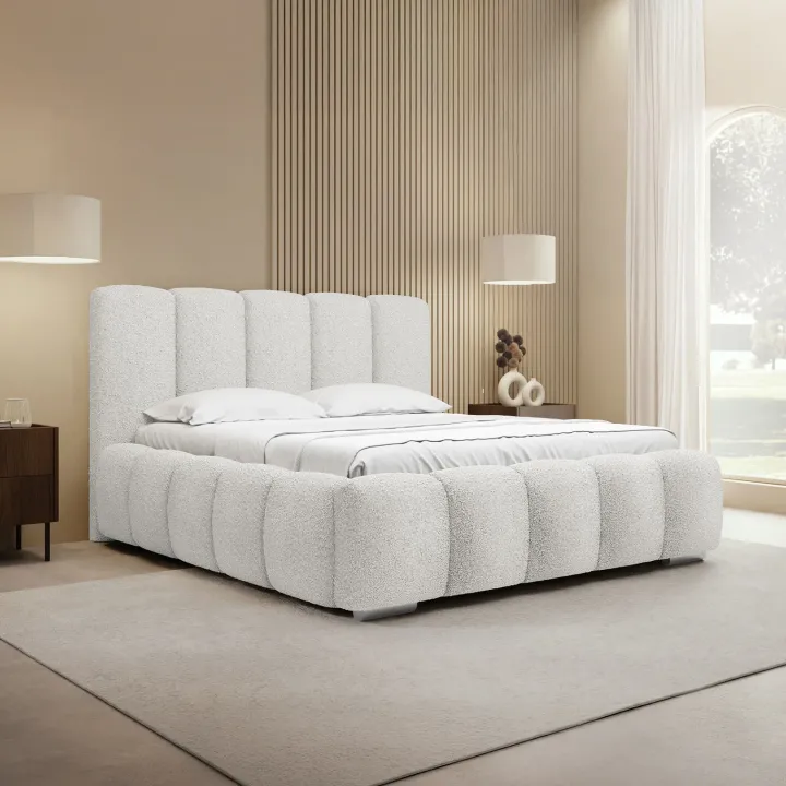 Letto matrimoniale 160x200 cm con rete contenitore imbottito tessuto bouclé bianco Cometa