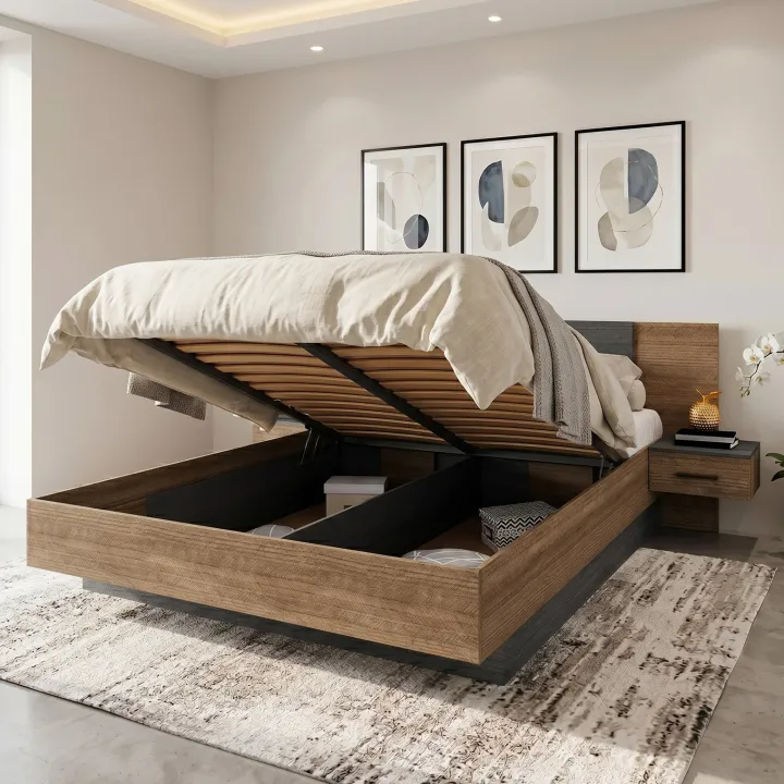 Letto matrimoniale 160x200 cm contenitore con comodini rovere scuro nero frassinato Loly