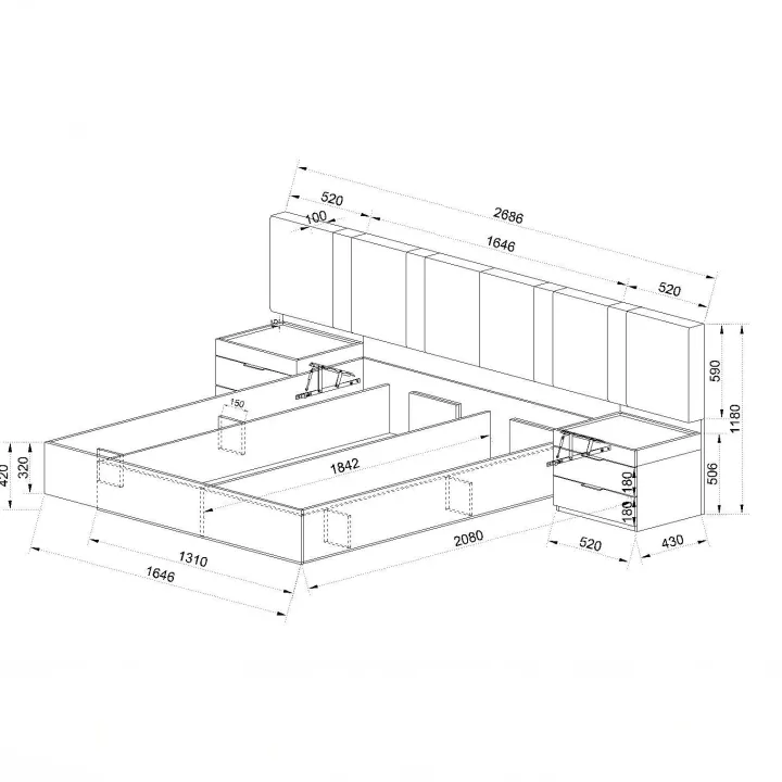 Letto matrimoniale 160x200cm contenitore con comodini rovere scuro marrone Rebecca