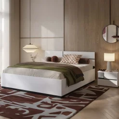 Letto matrimoniale 160x200cm contenitore con rete a doghe testiera reversibile bianco opaco Lolla