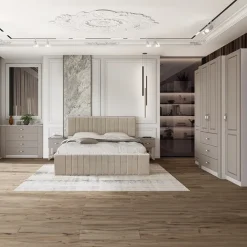 Letto matrimoniale 160x200 cm imbottito con contenitore tessuto beige Emporio