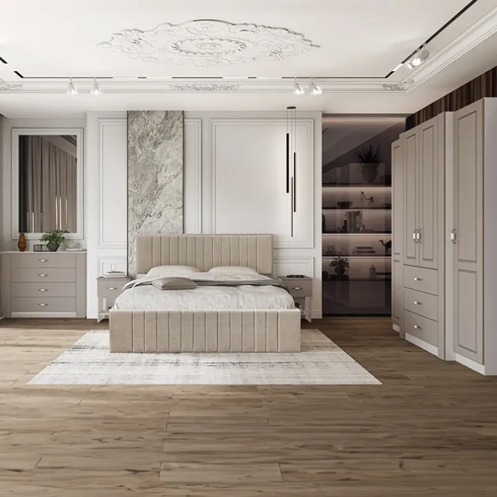 Letto matrimoniale 160x200 cm imbottito con contenitore tessuto beige Emporio