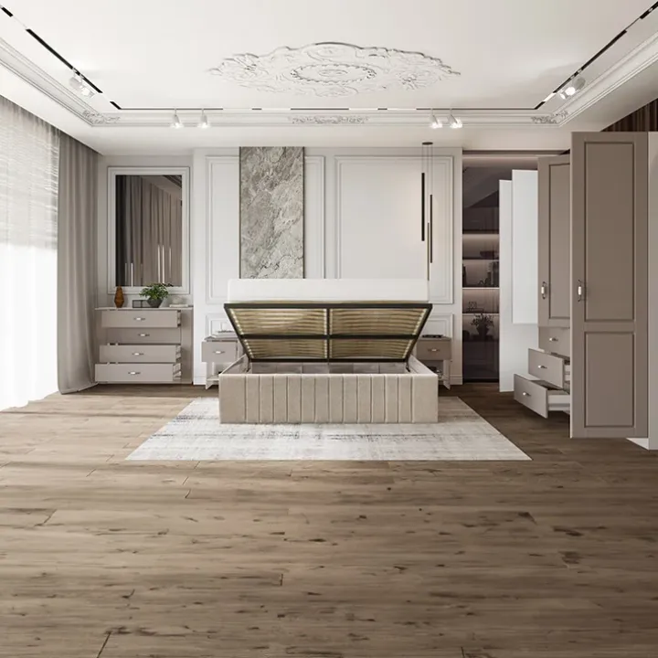 Letto matrimoniale 160x200 cm imbottito con contenitore tessuto beige Emporio