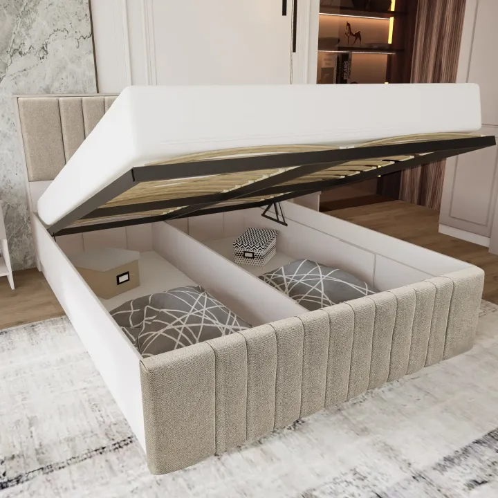 Letto matrimoniale 160x200 cm imbottito con contenitore tessuto beige Emporio