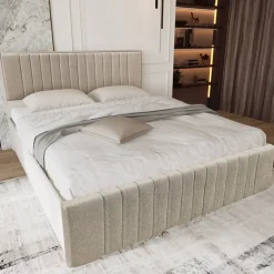 Letto matrimoniale 160x200 cm imbottito con contenitore tessuto beige Emporio