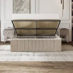Letto matrimoniale 160x200 cm imbottito con contenitore tessuto beige Emporio