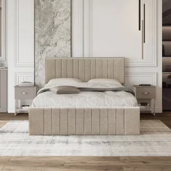 Letto matrimoniale 160x200 cm imbottito con contenitore tessuto beige Emporio
