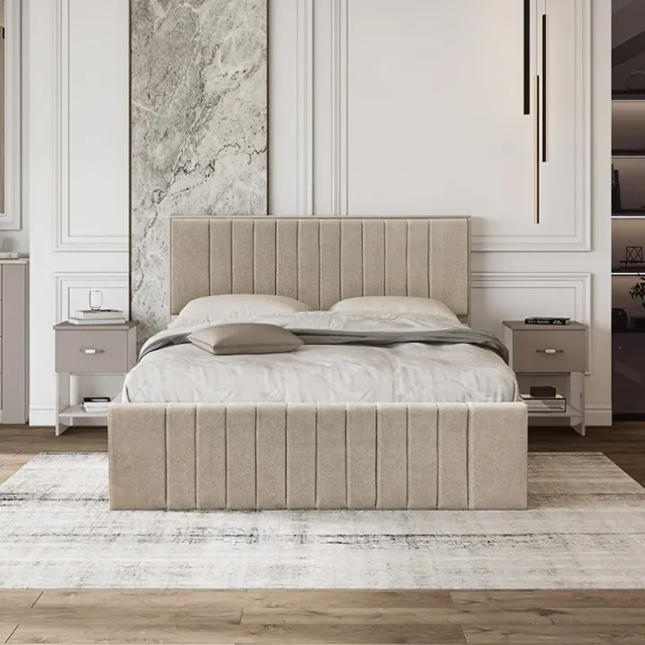 Letto matrimoniale 160x200 cm imbottito con contenitore tessuto beige Emporio