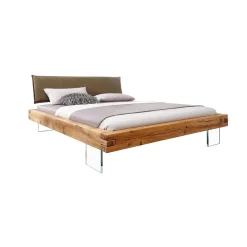 Letto matrimoniale 160x200cm testiera imbottita piedi in vetro legno massello rovere tortora Resilia